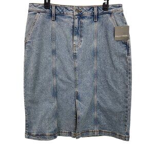 Falls Creek Womens Denim Midi Skirt Size 14 Blue Front Slit Back Pockets Casual